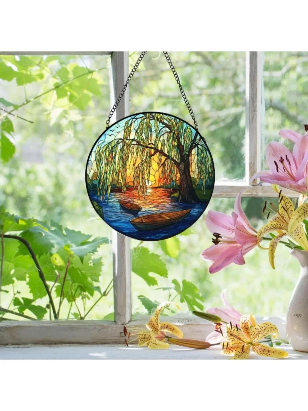 Stained Glass Weeping Willow Suncatcher - Nature Lover Gift, 7.9x7.9in Decor